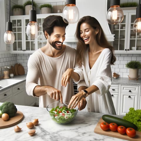 Chique white kitchen, woman and man playfully tossing a salade